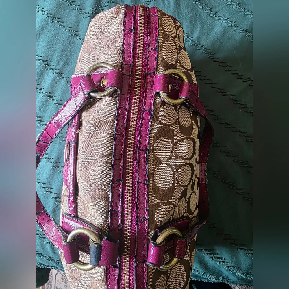 Coach Signature Python Stripe Satchel Raspberry Pink - Picture 10 of 12